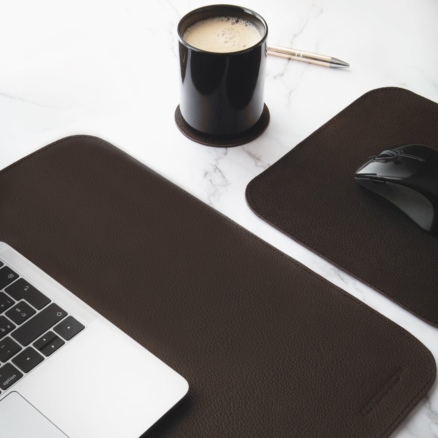 Black Genuine Leather Desk Mat Set