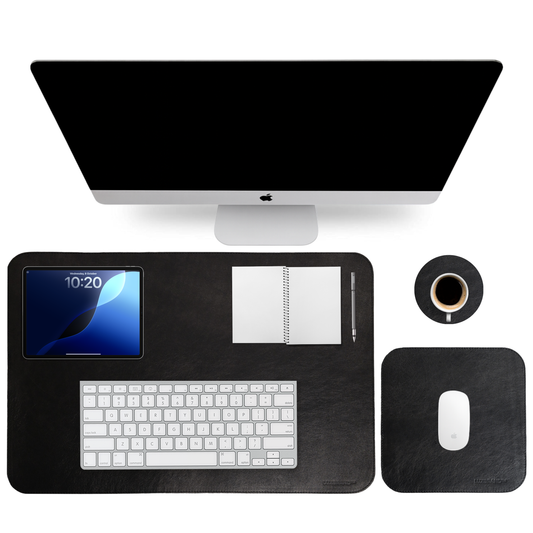 Black Genuine Leather Desk Mat Set