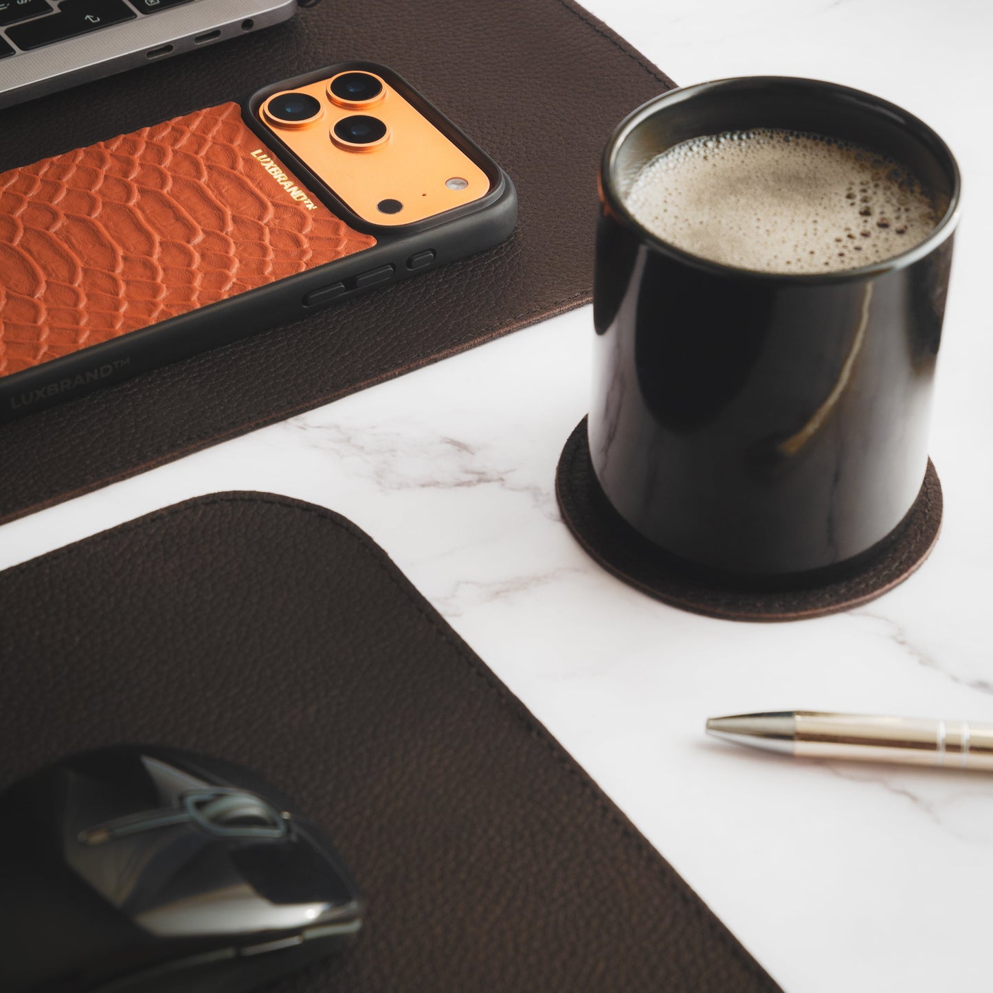 Black Genuine Leather Desk Mat Set