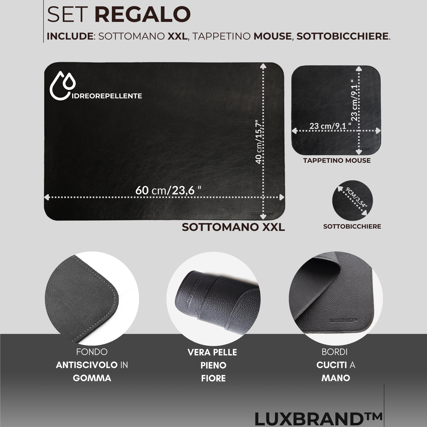 Set di Tappetini da Scrivania in Vera Pelle Nero