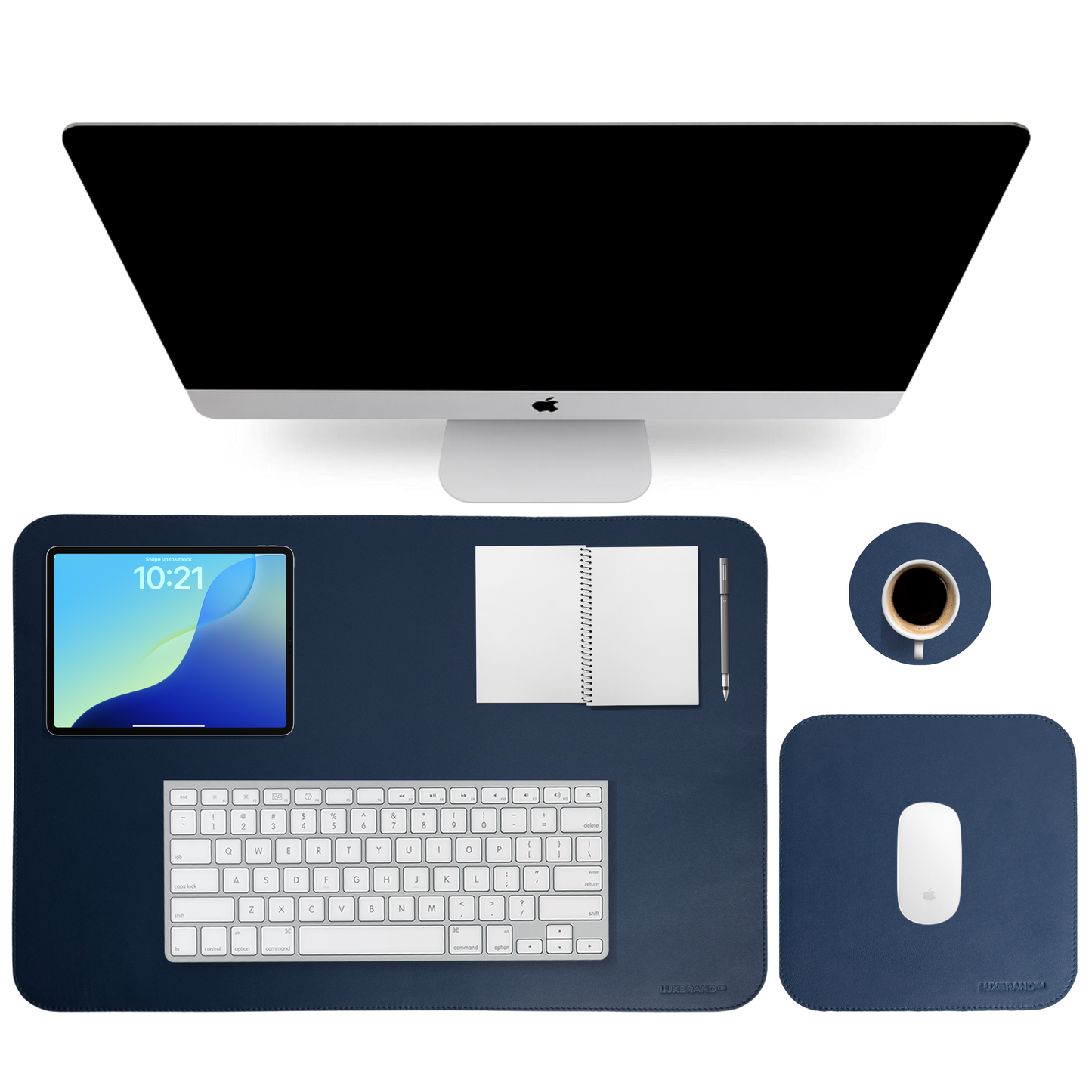 Blue Genuine Leather Desk Mat Set