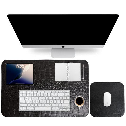 Black Cocco Genuine Leather Desk Mat Set