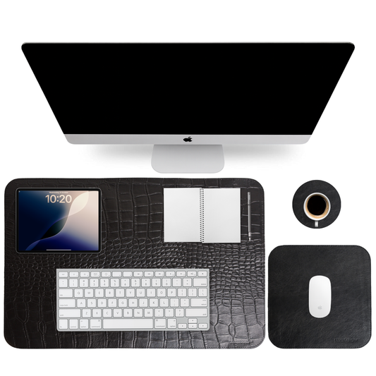 Black Cocco Genuine Leather Desk Mat Set