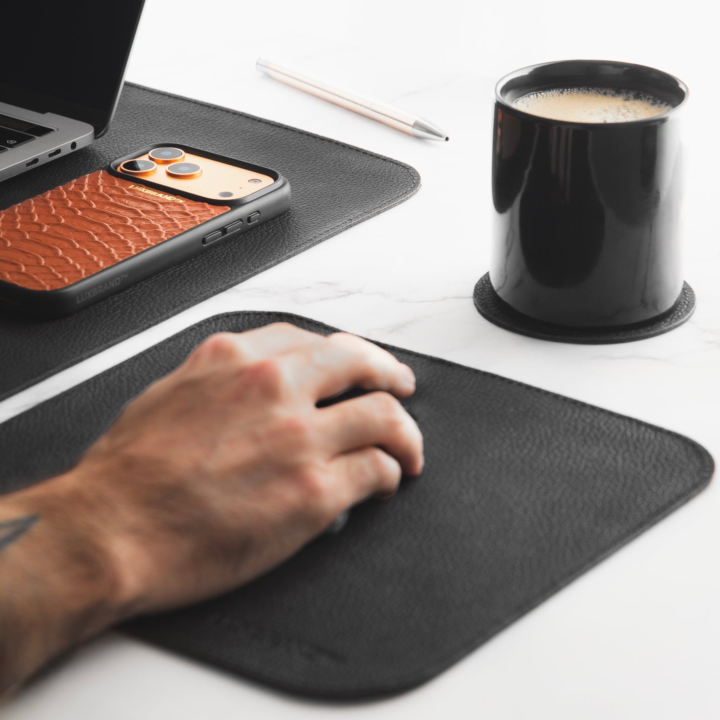 Set di Tappetini da Scrivania in Vera Pelle Nero